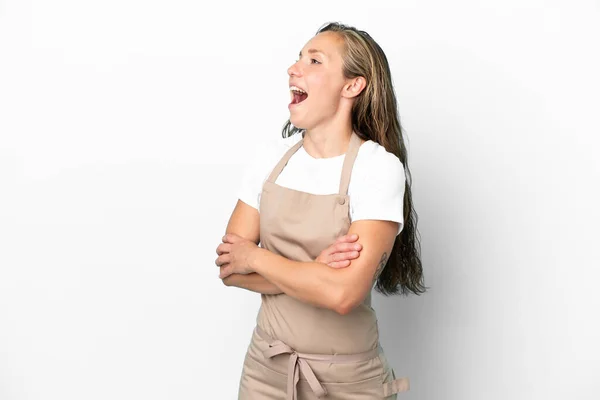 Restaurant Waiter Caucasian Woman Isolated White Background Happy Smiling — Stock Photo, Image