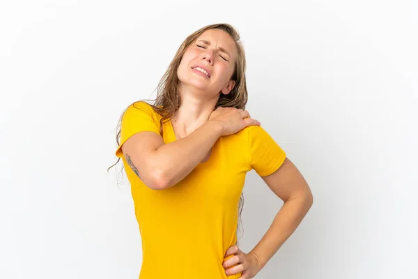 Young Caucasian Woman Isolated White Background Suffering Pain Shoulder Having — Stock Photo, Image