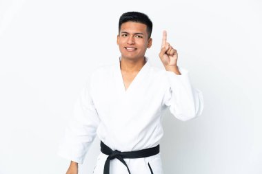 Beyaz arka planda karate yapan genç Ekvadorlu adam harika bir fikre işaret ediyor.