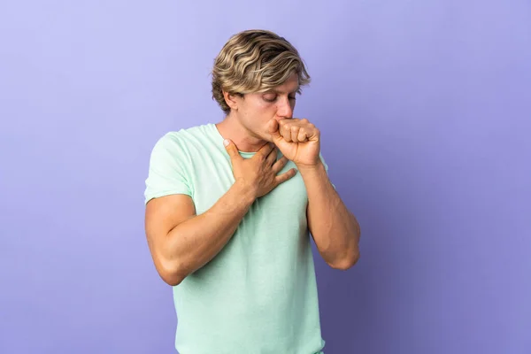 English man over isolated purple background coughing a lot