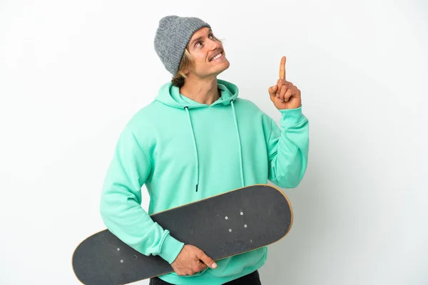 Young Skater Blonde Man Isolated White Background Pointing Great Idea — Stock Photo, Image