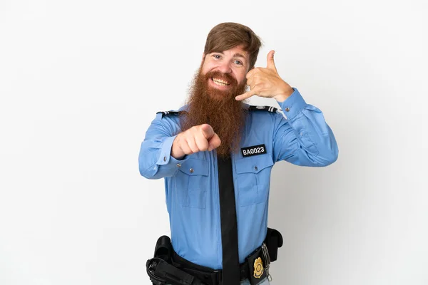 Redhead Police Man Isolated White Background Making Phone Gesture Pointing — Stockfoto