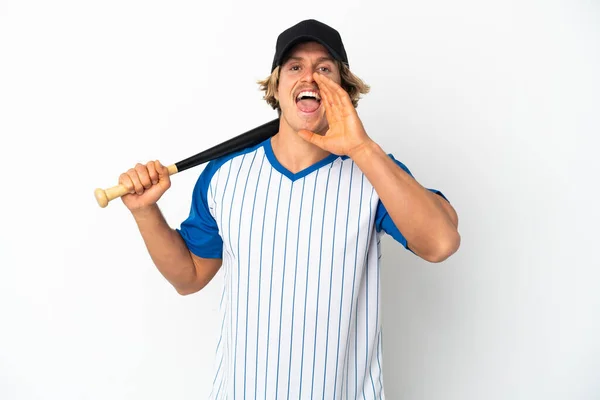 Junger Blonder Mann Isoliert Auf Weißem Hintergrund Spielt Baseball Und — Stockfoto