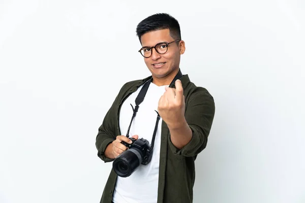 Young Ecuadorian Photographer Isolated White Background Doing Coming Gesture — Foto de Stock