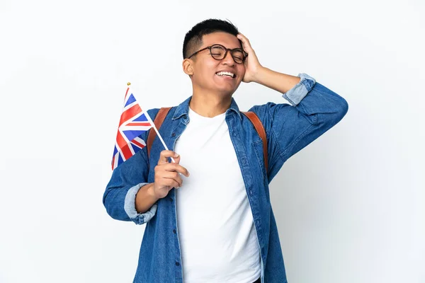 Junge Ecuadorianerin Hält Eine Britische Flagge Auf Weißem Hintergrund Und — Stockfoto