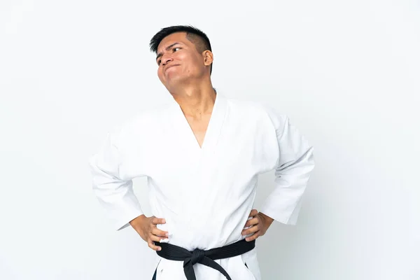 Young Ecuadorian Man Doing Karate Isolated White Background Suffering Backache — Stock Photo, Image