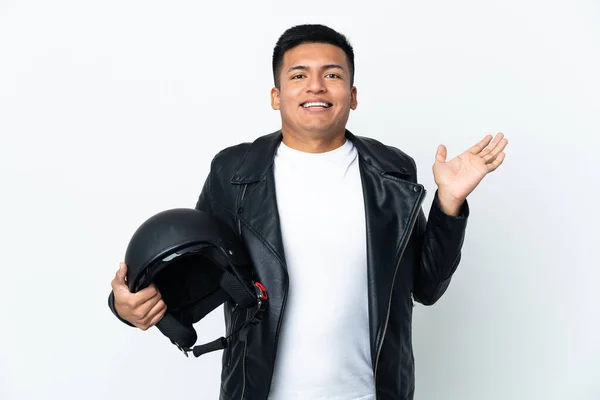 Ecudorian Man Motorcycle Helmet Isolated White Background Shocked Facial Expression — Φωτογραφία Αρχείου