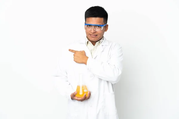 Young Ecuadorian Scientific Man Pointing Side Present Product — Foto de Stock