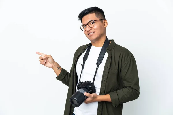 Young Ecuadorian Photographer Isolated White Background Pointing Finger Side — Foto de Stock