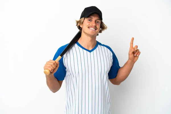 若いですブロンド男プレイ野球孤立した上に白の背景ショーと持ち上げる指で最高の — ストック写真