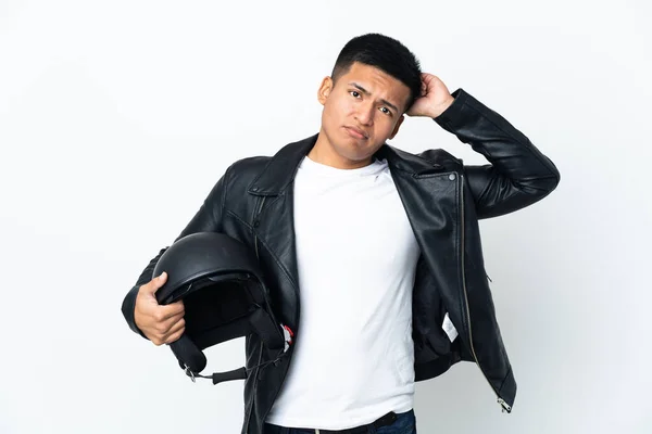 Hombre Ecuatoriano Con Casco Moto Aislado Sobre Fondo Blanco Que — Foto de Stock