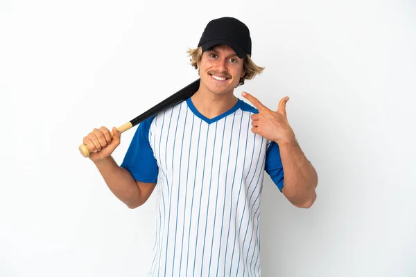 Ung Blond Man Spelar Baseball Isolerad Vit Bakgrund Ger Tummen — Stockfoto