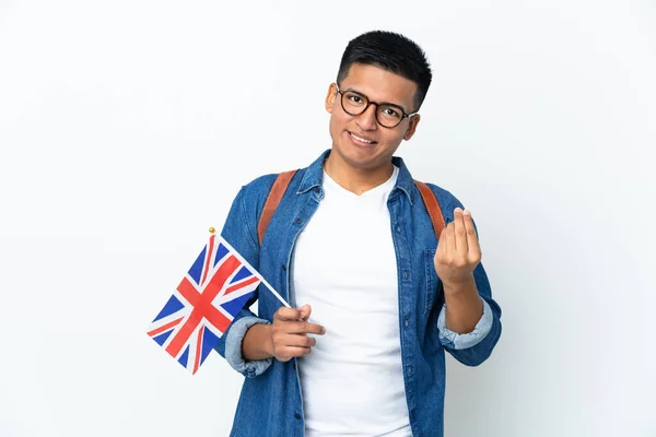 Junge Ecuadorianerin Mit Britischer Flagge Auf Weißem Hintergrund Macht Geld — Stockfoto