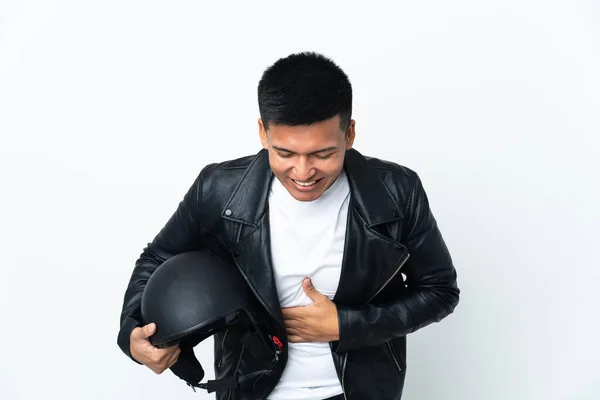 Hombre Ecuatoriano Con Casco Moto Aislado Sobre Fondo Blanco Sonriendo — Foto de Stock