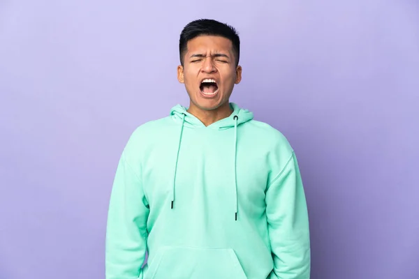 Young Ecuadorian Man Isolated Purple Background Shouting Front Mouth Wide — Stok fotoğraf