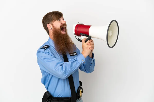 Redhead Police Man Isolated White Background Shouting Megaphone — Stock Photo, Image