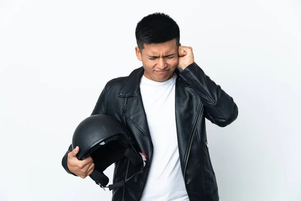 Ecudorian Man Motorcycle Helmet Isolated White Background Frustrated Covering Ears — Φωτογραφία Αρχείου