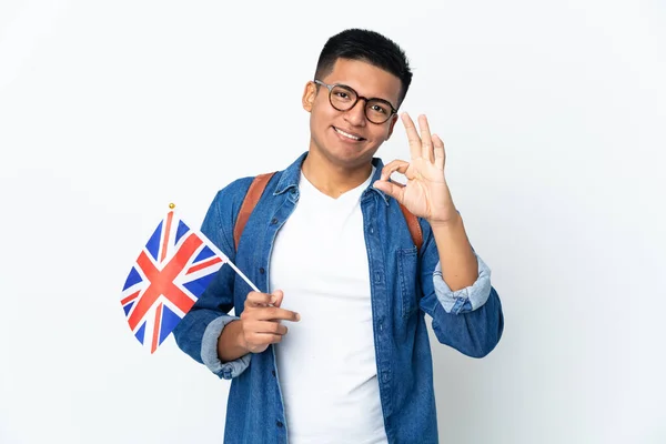 Junge Ecuadorianerin Hält Eine Britische Flagge Auf Weißem Hintergrund Und — Stockfoto