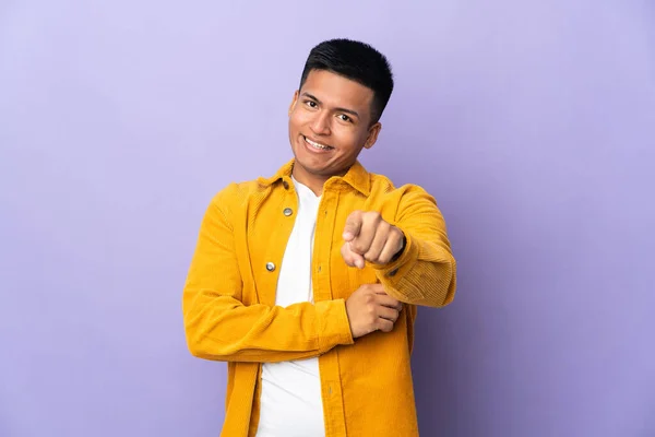 Young Ecuadorian Man Isolated Purple Background Surprised Pointing Front — Foto de Stock