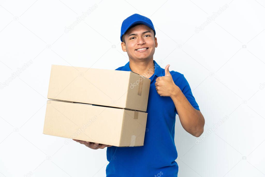 Delivery Ecuadorian man isolated on white background giving a thumbs up gesture