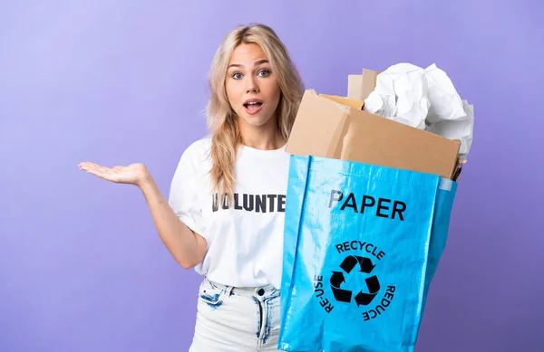 Young Russian Woman Holding Recycling Bag Full Paper Recycle Isolated — Stock Photo, Image