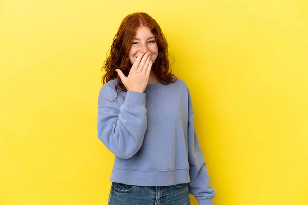 Teenager Reddish Woman Isolated Yellow Background Happy Smiling Covering Mouth — Stok fotoğraf