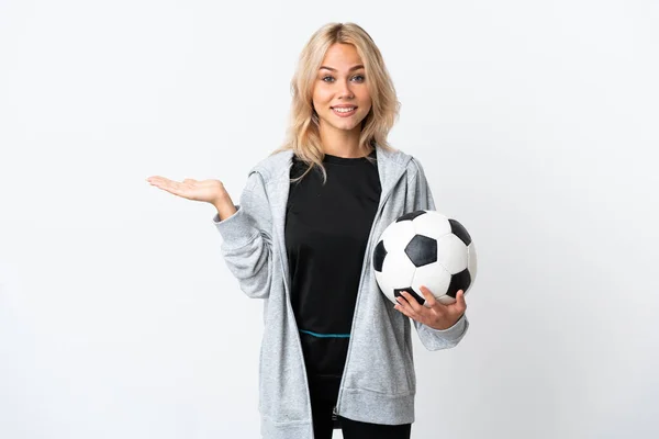 Young Russian Woman Playing Football Isolated White Background Holding Copyspace — Stock Photo, Image