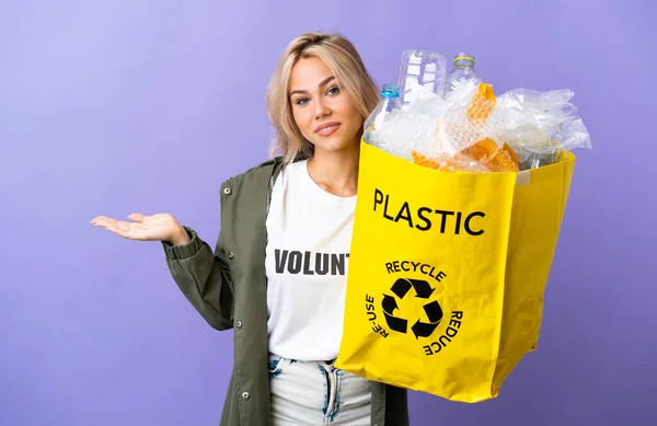 Young Russian Woman Holding Recycling Bag Full Paper Recycle Isolated — Stock Photo, Image