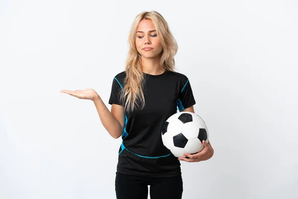 Joven Mujer Rusa Jugando Fútbol Aislado Sobre Fondo Blanco Sosteniendo — Foto de Stock