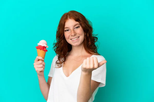 Teenager Reddish Woman Cornet Ice Cream Isolated Blue Background Inviting — Stockfoto