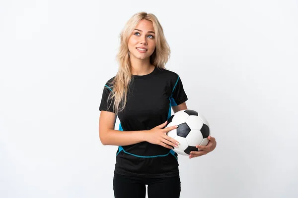 Young Russian Woman Playing Football Isolated White Background Thinking Idea — Stock Photo, Image