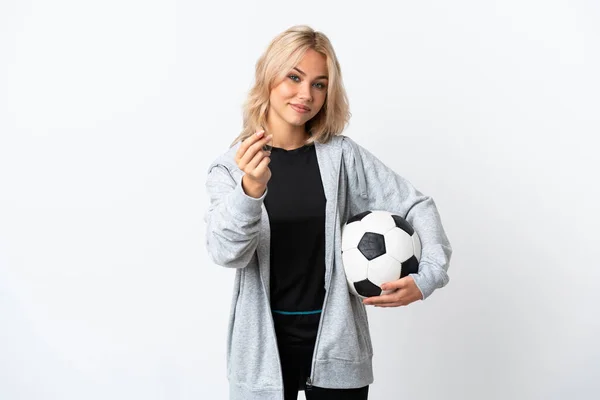 Młoda Rosjanka Grająca Piłkę Nożną Odizolowana Białym Tle Zarabiająca Pieniądze — Zdjęcie stockowe