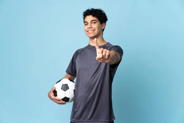 Jogador Futebol Venezuelano Homem Sobre Fundo Isolado Mostrando Levantando Dedo — Fotografia de Stock