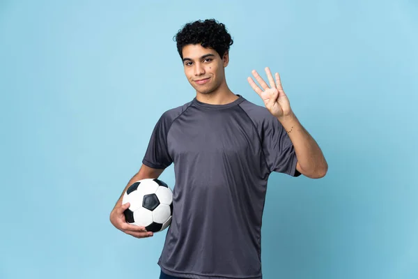 Венесуэльский Футболист Изолированном Фоне Счастлив Считает Четверых Пальцами — стоковое фото