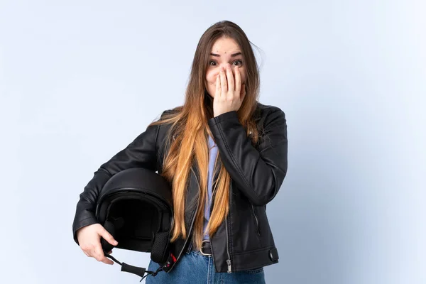 Vrouw Met Een Motorfiets Helm Met Verrassing Gezichtsuitdrukking — Stockfoto