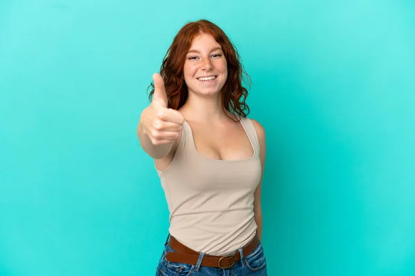 Teenager Reddish Woman Isolated Blue Background Thumbs Because Something Good — ストック写真