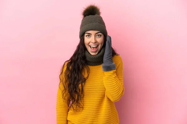 Young Caucasian Girl Winter Hat Isolated Purple Background Surprise Shocked — Stock Photo, Image