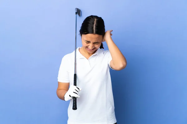 Young Golfer Woman Isolated Colorful Background Frustrated Covering Ears — Stock Photo, Image