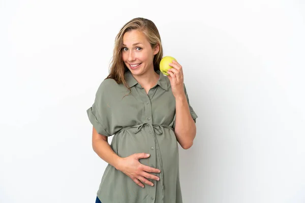 Beyaz Arka Planda Izole Edilmiş Genç Beyaz Kadın Hamile Elinde — Stok fotoğraf