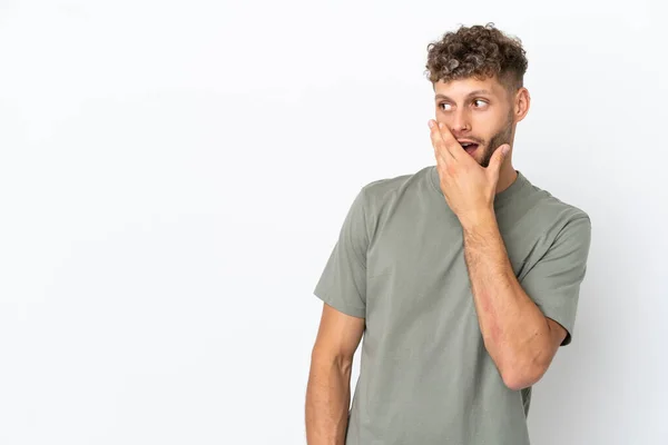 Young Caucasian Handsome Man Isolated White Background Doing Surprise Gesture — Stock Photo, Image