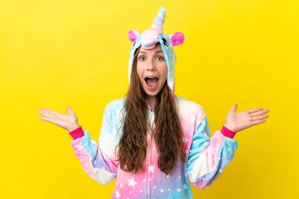 Girl Unicorn Pajamas Isolated Background Shocked Facial Expression — Stock Photo, Image