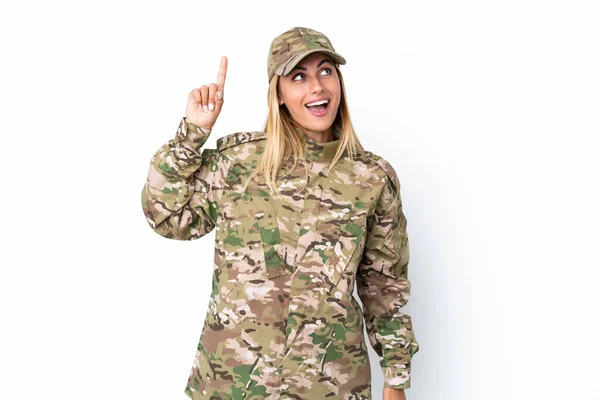Військова Жінка Ізольована Білому Тлі Маючи Намір Реалізувати Рішення Піднімаючи — стокове фото