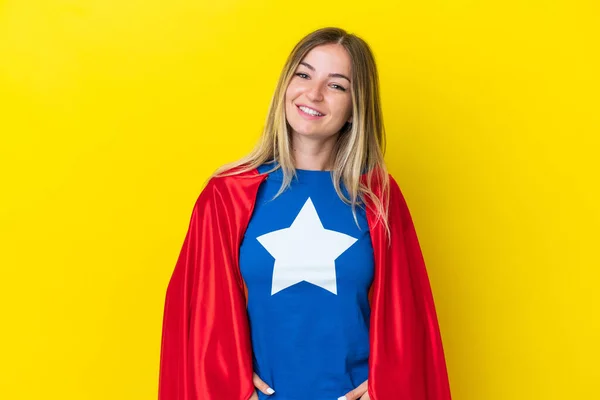 Super Hero Romanian Woman Isolated Yellow Background Laughing — Stock Photo, Image