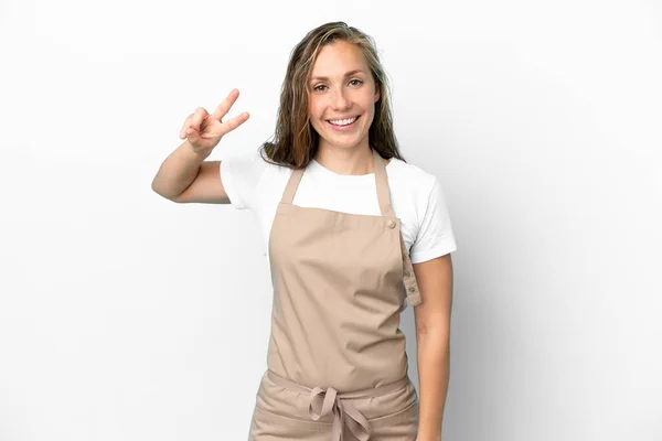 Restauracja Kelner Kaukaska Kobieta Izolowane Białym Tle Uśmiechając Się Pokazując — Zdjęcie stockowe