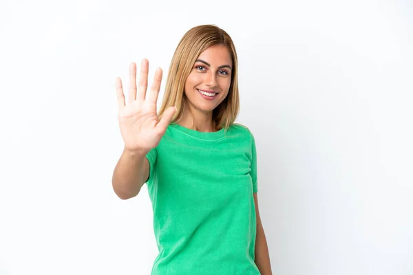 Blond Uruguayaans Meisje Geïsoleerd Witte Achtergrond Tellen Vijf Met Vingers — Stockfoto