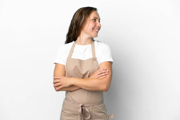 Restaurant Waiter Caucasian Woman Isolated White Background Arms Crossed Happy — Stock Photo, Image