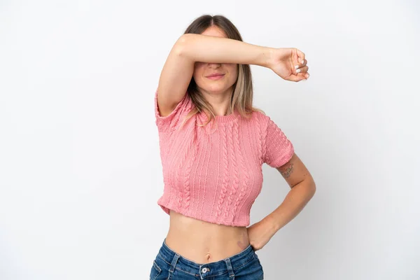 Young Romanian Woman Isolated White Background Covering Eyes Hands — Stock Photo, Image