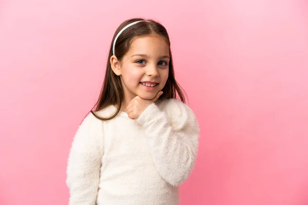 Little Caucasian Girl Isolated Pink Background Looking Side — Stock Photo, Image