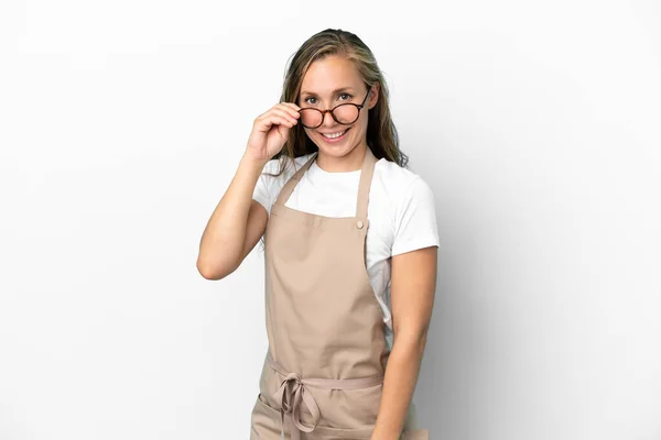 Restaurant Waiter Caucasian Woman Isolated White Background Glasses Happy — Stock Photo, Image