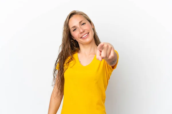 Young Caucasian Woman Isolated White Background Pointing Front Happy Expression — Stock Photo, Image